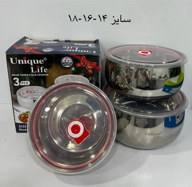 ظرف غذای استیل سه تیکه برند یونیک سایز بزرگ درب پلاستیکی واشردار استیل خالص اهنربا نگیر ضدزنگ و سیاه شدن بدون ریختن مایعات
