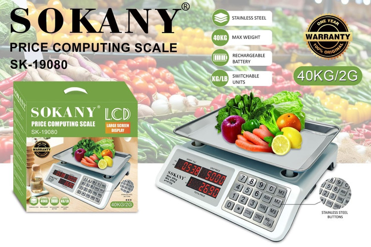 ترازو دیجیتال فروشگاهی سوکانی مدل SK19080 ظرفیت ۴۰ کیلوگرم